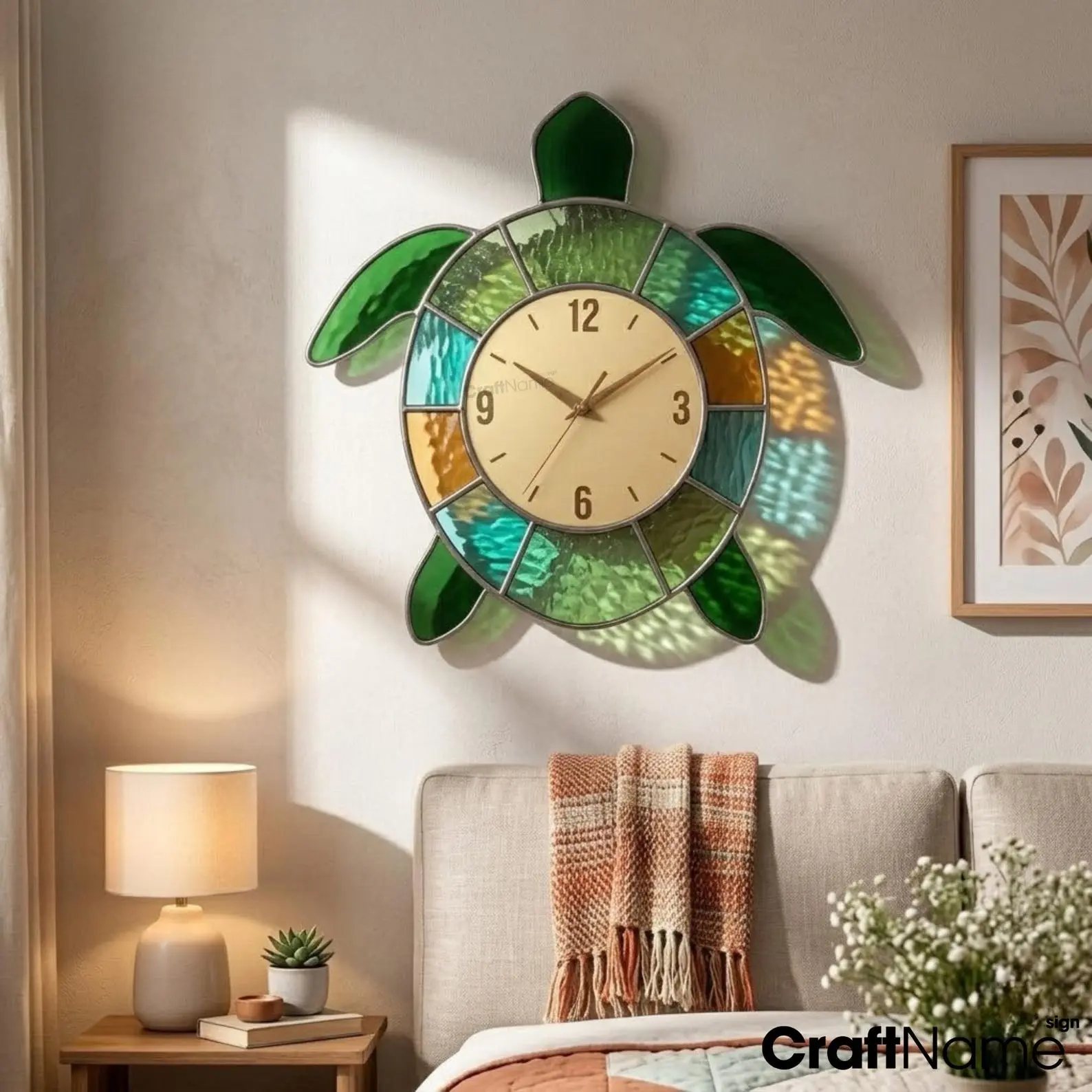 CraftNameSign Sea Turtle Stained Glass Wall Clock | Coastal Beach House Decor | Ocean Wall Art | Nautical Home Clock | Turtle Lover Gift