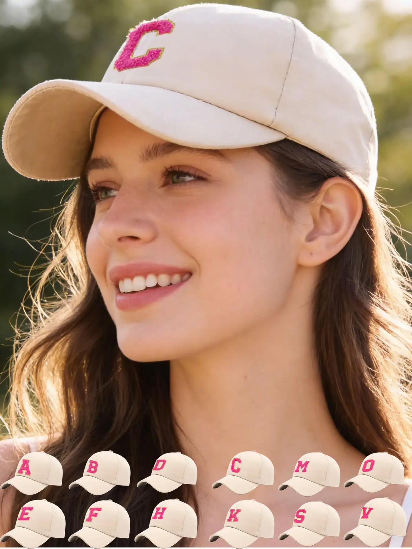 Beige Baseball Cap with Rose Pink Letter Pattern for Women, Adjustable UV-Protective Dad Hat, All Seasons Use, Ideal for Outdoor Park Strolls Baseball Games, Casual Versatile Sports Daily Style Accessory Peaked Cap, UV Protection, Adjustable Fit