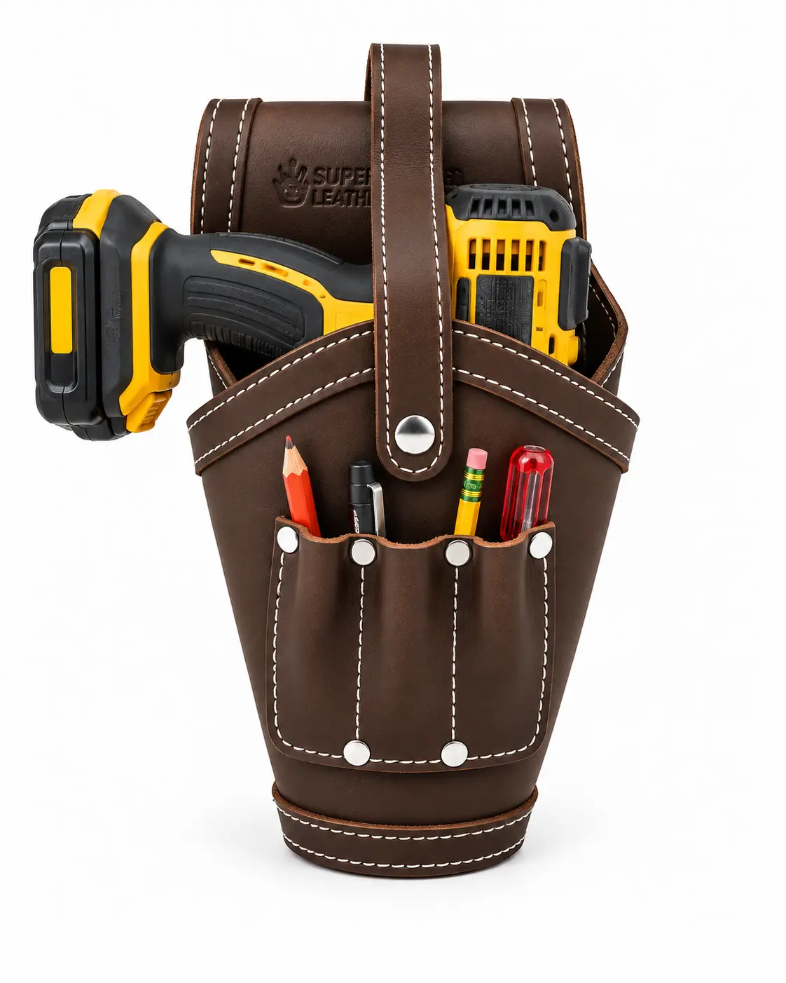 Leather Drill Holder with Front Tool Pockets – Heavy Duty Cordless Drill Holster for Tool Belt, Electrician Carpenter Construction Work Pouch