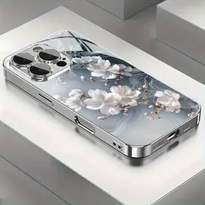 Creative and romantic white hibiscus flower design electroplated anti-shock glass phone case,for iPhone 17 Pro Max Phone Case 17 Air 16E 16 Pro Max 15 Pro Max 15 Plus 14 Plus 13 12 11 Phone Cases,Samsung Galaxy S25 Ultra S22 S23 FE S24 Plus A14 A15 A16