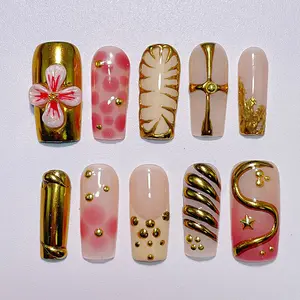 10 Piece Press-On Nail Set, Medium Square Fake Nails, 3D Flower Design, Irregular Polka Dots, Sweet Vintage Style, Includes Manicure Kit. Perfect for Women & Girl，Also suitable for parties, New Year celebrations and other occasions.