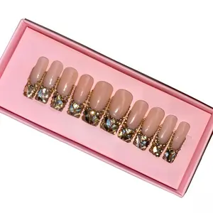 B5-Handmade high quality nude long square press on nails with golden champagne crystal tips full diamond border salon grade long lasting finish