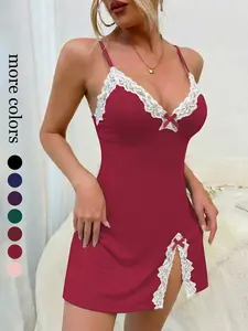2026 Spring Summer Women's Elegant Lace Trim Chemise Nightgown Underwear, Adjustable Spaghetti Strap V-Neck Sleep Dress with Side Slit & Bow Decor, Soft Stretchy Nightwear for Loungewear & Intimate Wear