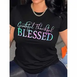 Womens Cotton Short Sleeve Graphic Tee Grateful Thankful Blessed Rainbow Letter Print Crew Neck Casual Everyday Top For Summer Streetwear And Faith Inspired Style
