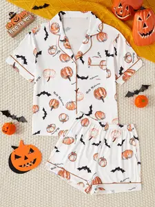 Funny Halloween Pumpkin Bat Print Women's Two-Piece Pajama Set, Soft Bubble Wrinkle Short Sleeve Sleepwear, Loungewear, Fashion Daily Wear