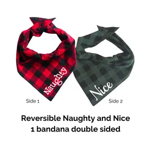 Christmas Naughty and Nice Reversible Dog Bandana-Santa photo with dog neckwear - Family Christmas photo with your dog- Flannel buffalo check Naughty and Nice Dog Scarf