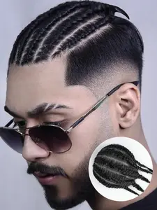Human Hair Men‘s Toupee Cornrows Braids Hair System Ultra-Thin PU Base, Biological Scalp Hairpiece Real Human Hair Breathable PU Material Base Hair System(5*7/6*8/8*10 Inch, Black)
