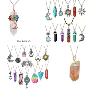 Natural Stone Amethyst Necklace Hexagonal Pillars Bullet Pendant Moonstone Pendant Set Jewelry Charms