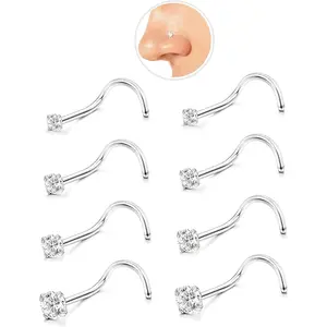 Nose Rings Studs: 8Pcs 20G 316L Surgical Steel Nose Studs Hypoallergenic Corkscrew Nose Piercing Stud Jewelry for Women Men Silver Cubic Zirconia Imitation Diamond 1.5mm 2mm 2.5mm 3mm