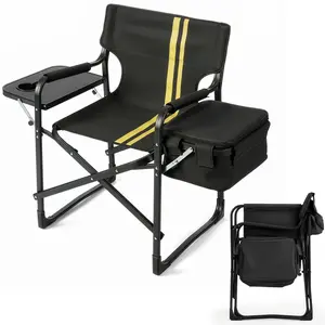 [Father's Day Gift]46.46 Inch Folding Outdoor Camping Chair with Side Table and Cooler Bag Aluminum Frame Army Green with Double Yellow Stripes 265 lbs Capacity for Beach Fishing and Picnic