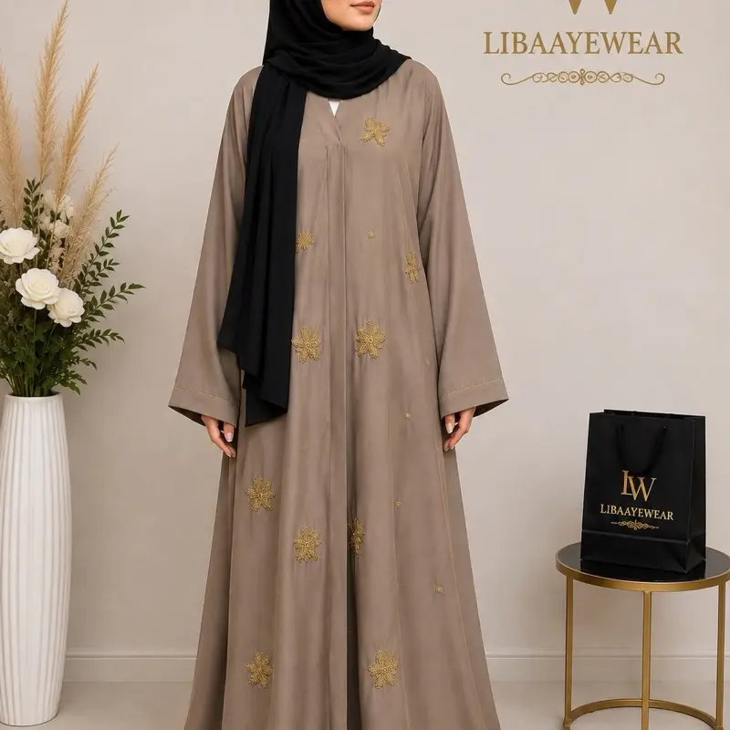 Elegant Mocha Brown Abaya with Delicate Golden Floral Embroidery, Graceful Design for Women