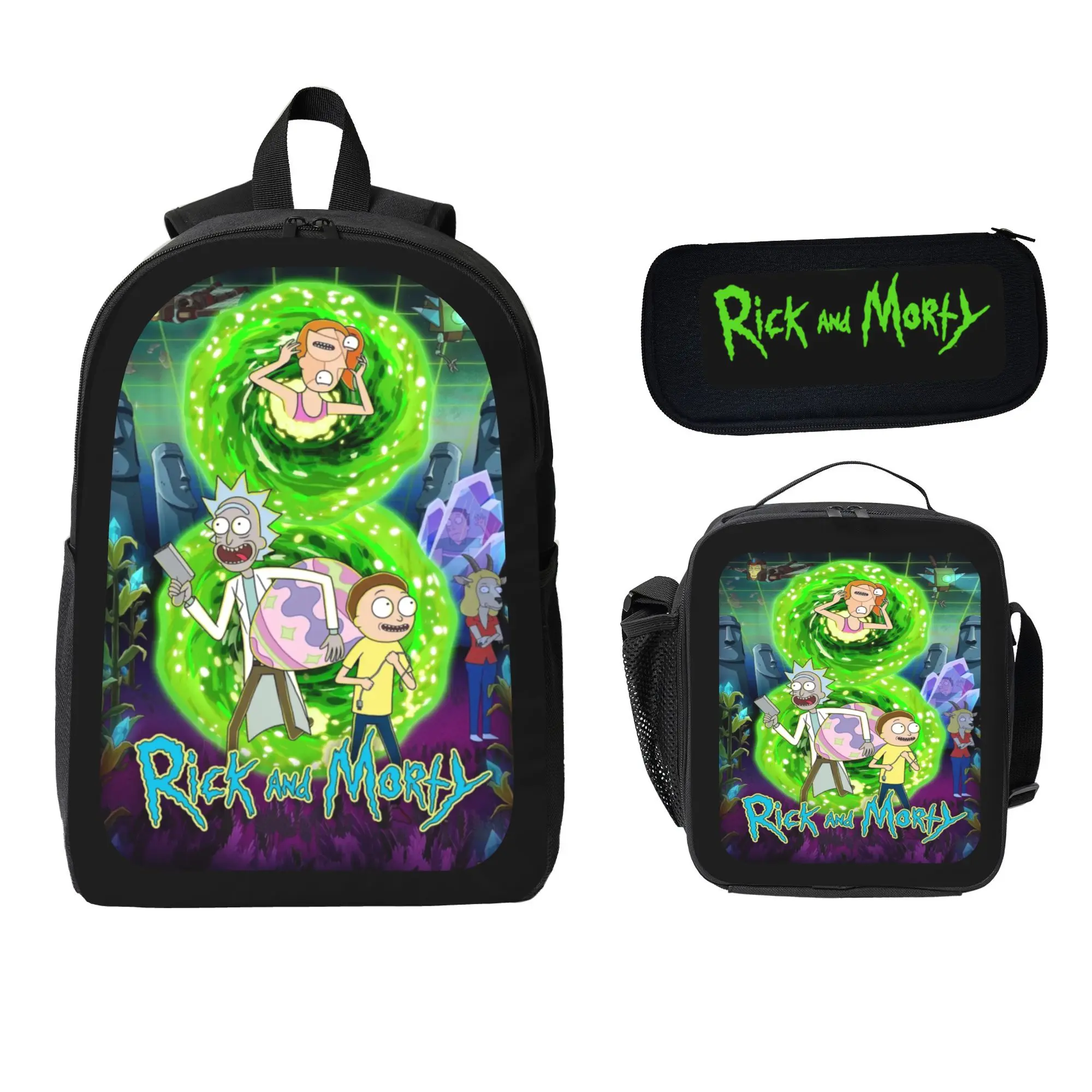 Rick and Morty 3PCS Backpack Set, Cartoon Character School Backpack with Lunch Bag & Pencil Case, Large Capacity Student Bookbag for Teens Kids, Anime Fan Gift, Back to School Essentials