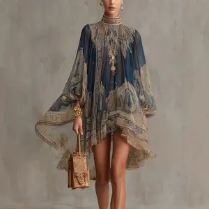 Elegant High-Neck Boho Chiffon Dress, Perfect for Evening Events & Gatherings