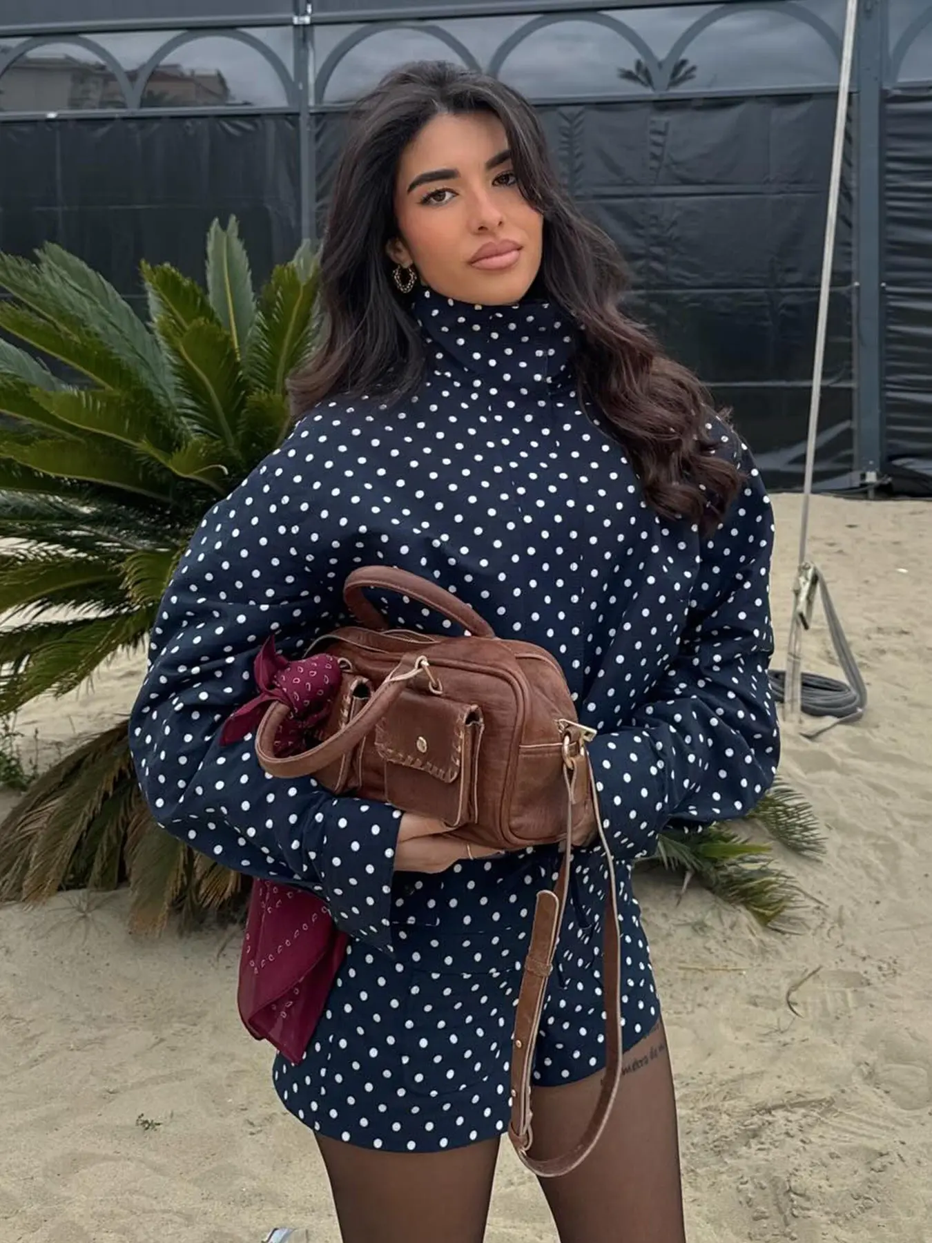 Women's Vintage Polka Dot Jacket Shorts Set, Stand Collar Long Sleeve Loose Fit, A-Line High-Waisted Pocket Shorts, Street Style Casual Wear