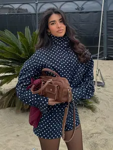 Women's Vintage Polka Dot Jacket Shorts Set, Stand Collar Long Sleeve Loose Fit, A-Line High Waist Pocket Shorts, Street Style Casual Wear