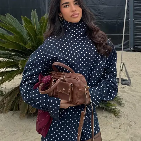 Women's Vintage Polka Dot Jacket Shorts Set, Stand Collar Long Sleeve Loose Fit, A-Line High-Waisted Pocket Shorts, Street Style Casual Wear, Shorts Outfit Set