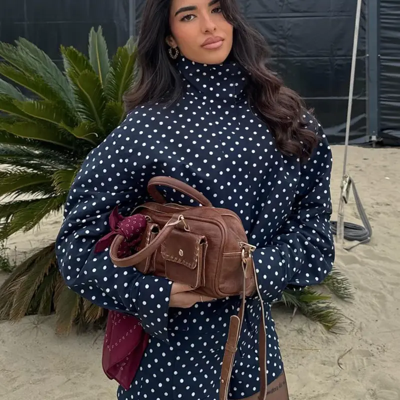 Women's Vintage Polka Dot Jacket Shorts Set, Stand Collar Long Sleeve Loose Fit, A-Line High-Waisted Pocket Shorts, Street Style Casual Wear, Shorts Outfit Set
