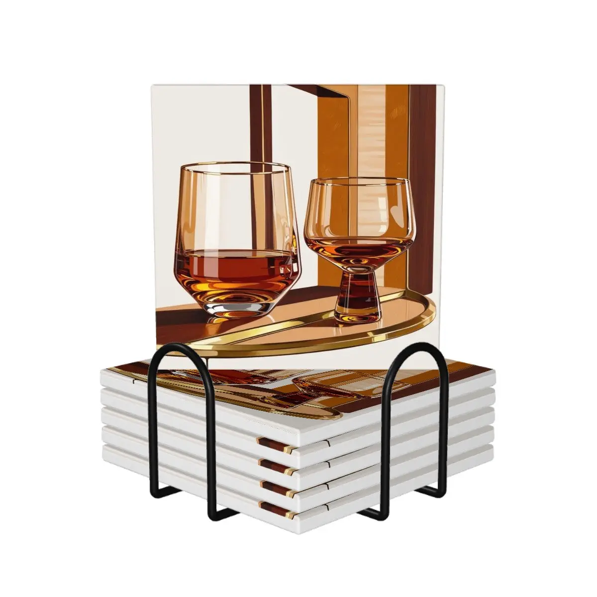 Bourbon Whiskey Mid Mod Drinking, MCM Barware Square Ceramic Coasters Set of 6