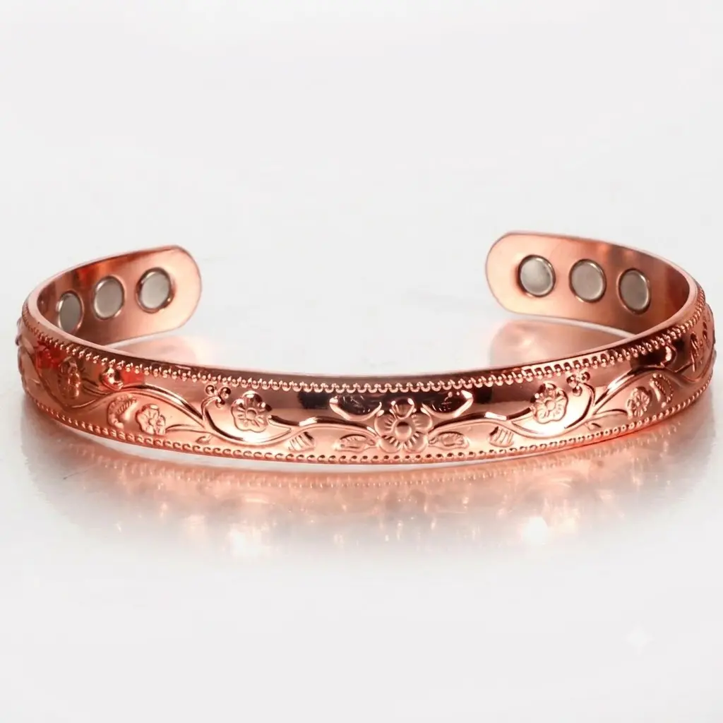 Magnetic High Shine Copper Bangle with Etched Details, Floral Vines Cuff for Everyday Use, 7" Length, Magnetic Therapy