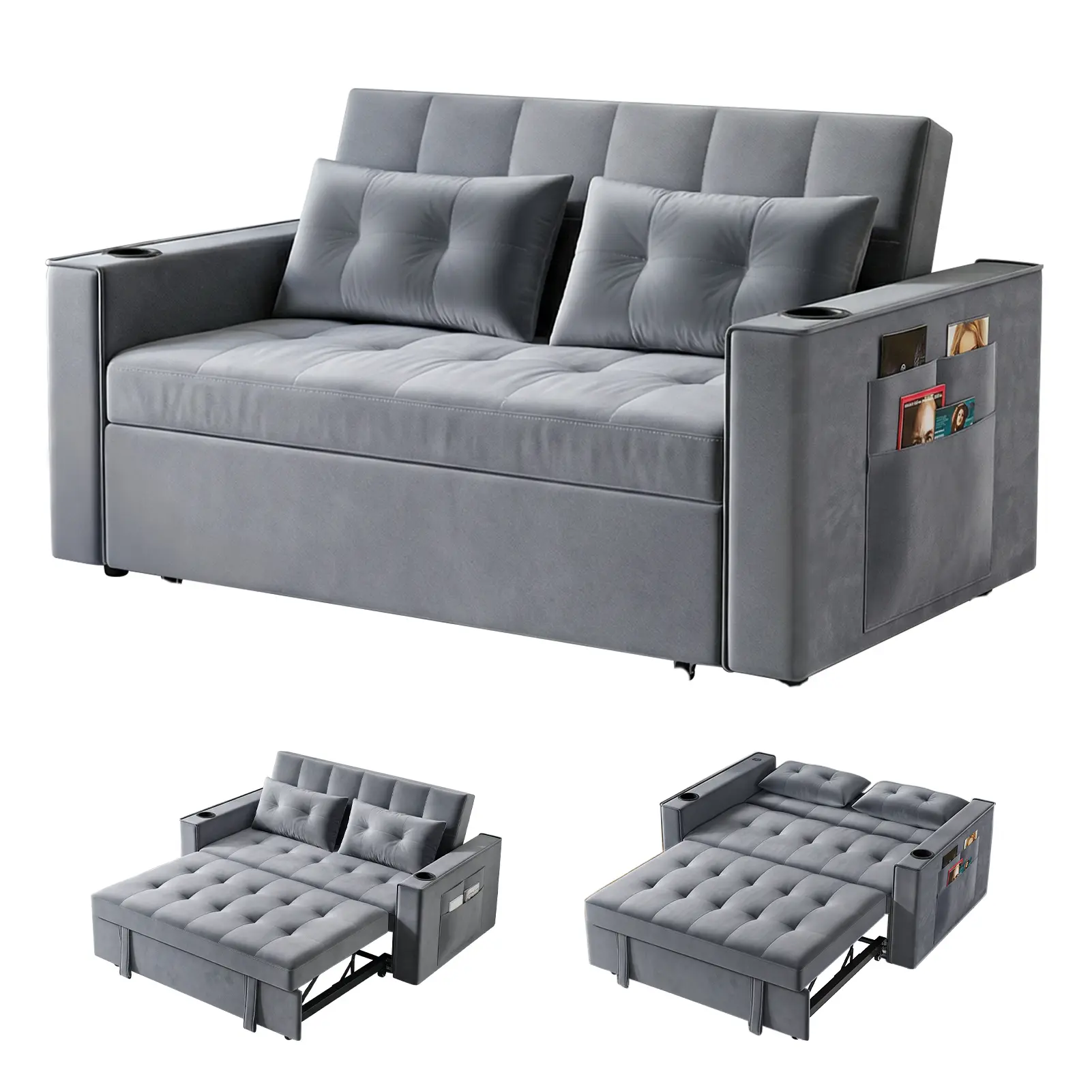 Explorinox 2-Seat Velvet Fabric Convertible Sofa Bed Loveseat Sleeper - Button Tufted, Adjustable Backrest, Pull-Out Bed, Cup Holders, Side Pockets, Charging Station with Dual USB Ports, 2 Pillows, Density Board (Grey) for Living Room, Multi Configs, 3-In
