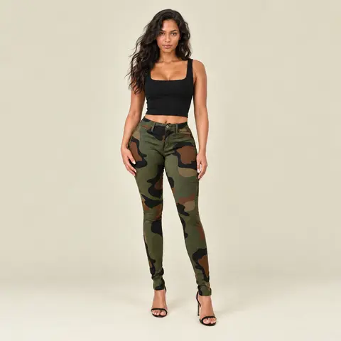 Lover Brand Women's High-Waist Slim Fit Camouflage Print Pants - Super Stretchy, Casual Street Wear, Machine-Washable, Body Contour Sculpt Bottoms with Junior Sizes