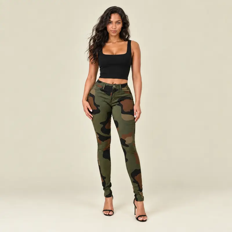 Lover Brand Women's High-Waist Slim Fit Camouflage Print Pants - Super Stretchy, Casual Street Wear, Machine-Washable, Body Contour Sculpt Bottoms with Junior Sizes
