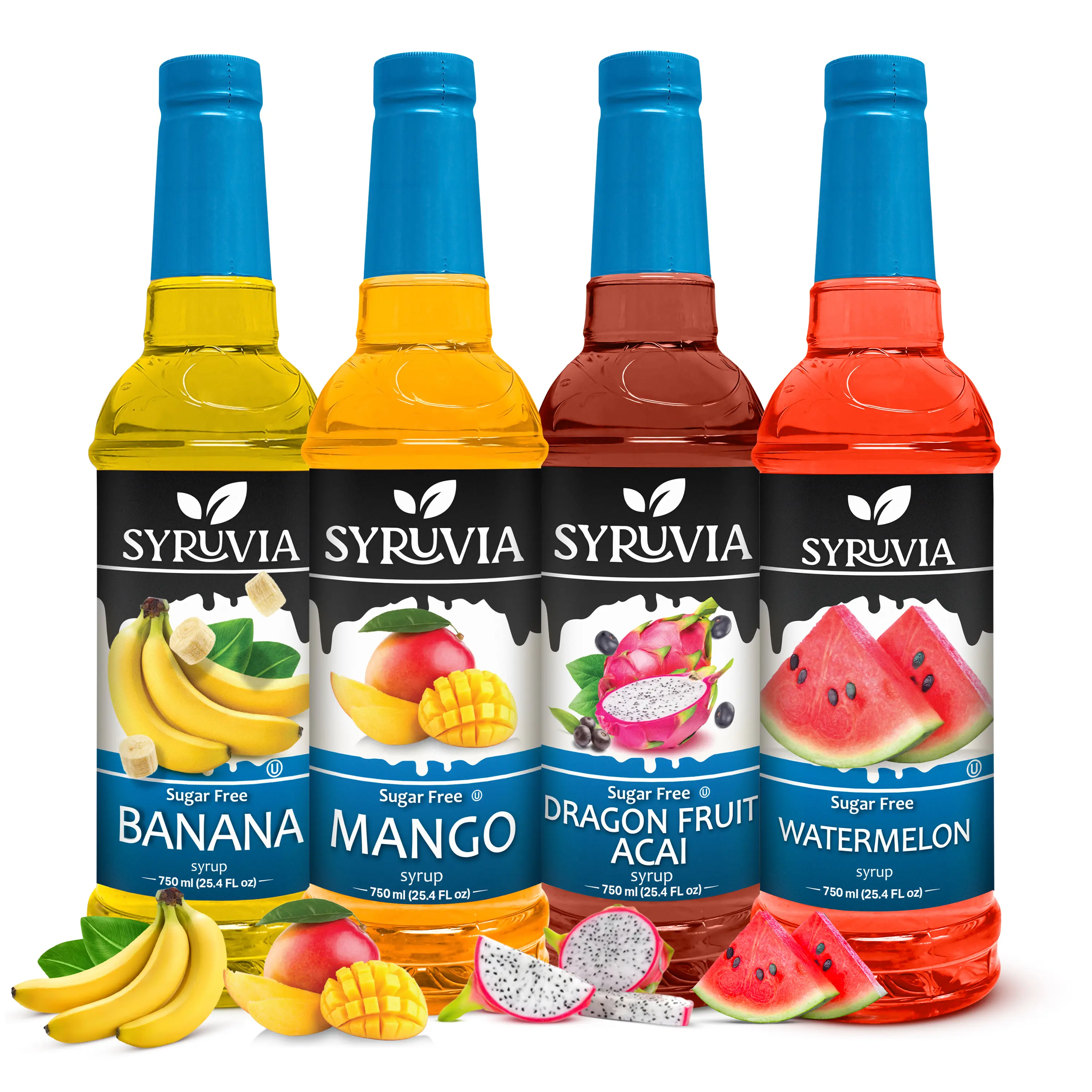 Syruvia Sugar Free Syrup, Fruit Flavors Variety Pack – Banana, Mango, Dragon Fruit & Watermelon – Gluten-Free, Kosher, 25.4 fl oz Bottles – Perfect Fruit Flavor Set for Cocktails & Mocktails (Pack of 4)