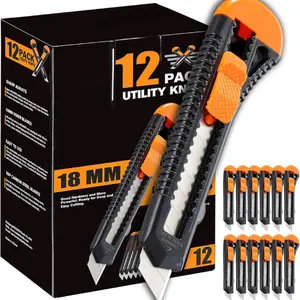 12-Pack Utility Knife, Retractable Box Cutter for Cartons, Cardboard and Boxes, 18mm Wider Razor Sharp Blade, Smooth Mechanism, Perfect for Office and Home use