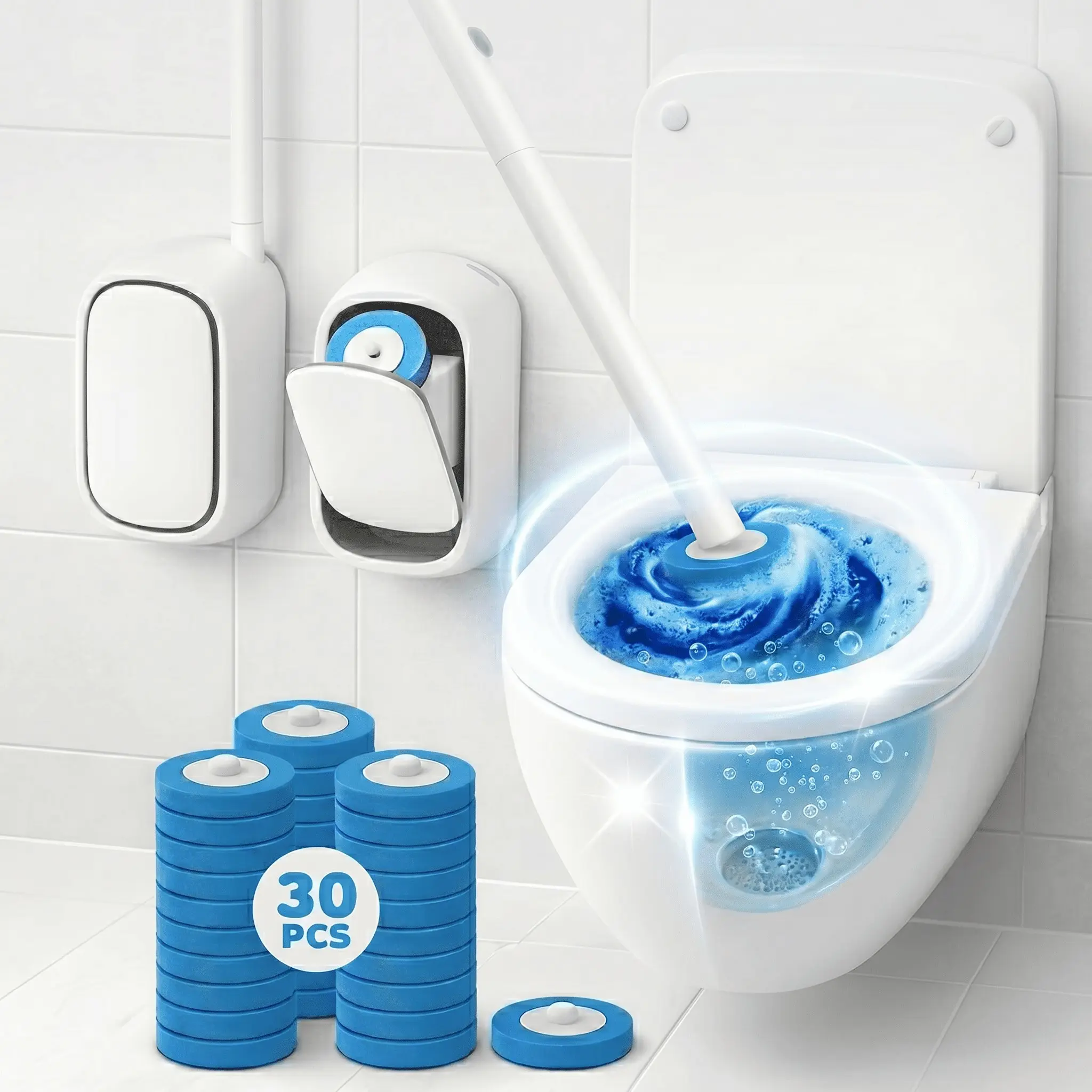 Disposable Toilet Brush Starter Kit Wall Mount Auto Close Holder 30 Disposable Refills, Deep Clean Limescale Hard Water Stains, Mess Free Space Saving Modern Bathroom Cleaning Tool Decor Accessory, Household Cleaning Supplies, Home Cleaning Supplies