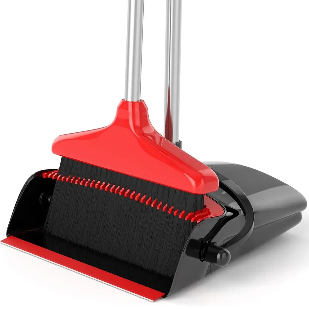 Broom and Dustpan Set Uniform Flat Sweeping Head Cover Wide Area Save Sweeping Time For Kitchen Garage Apartment Indoor Cleaning Black & Red