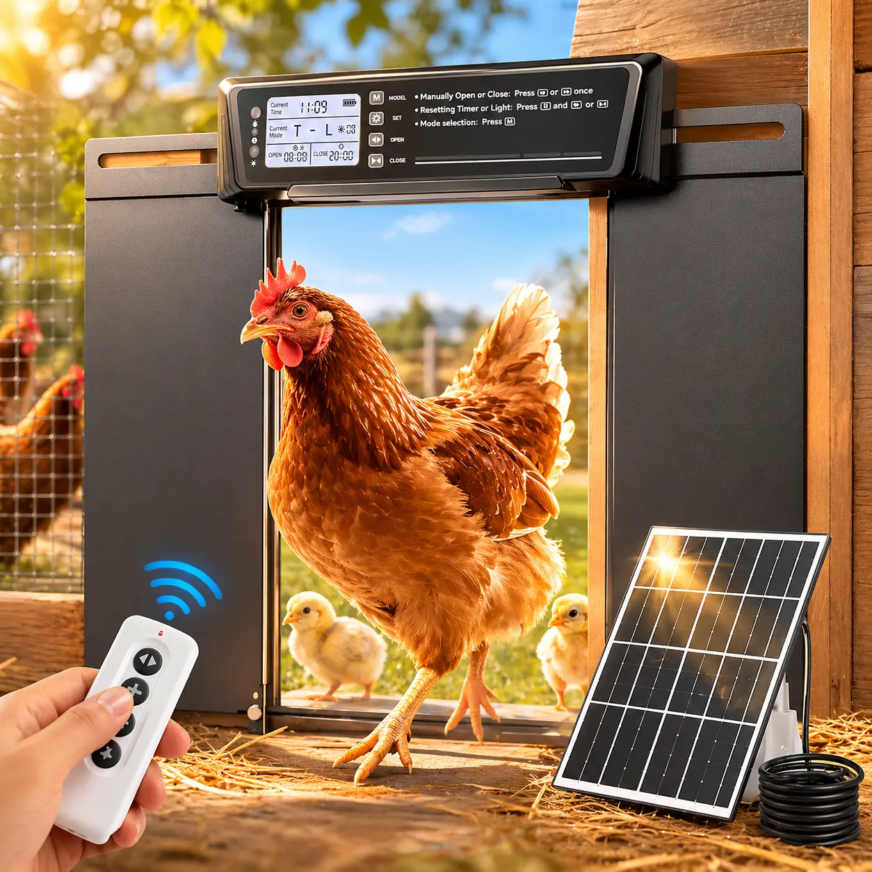 Automatic Chicken Coop Door Large Size, 7W Solar Powered with Timer & Light Sensor, Anti-Pinch Safety Chicken Door, Remote Control, Predator-Proof Aluminum Door for Poultry, Ducks & Chickens manual setting enclosure house lcd display