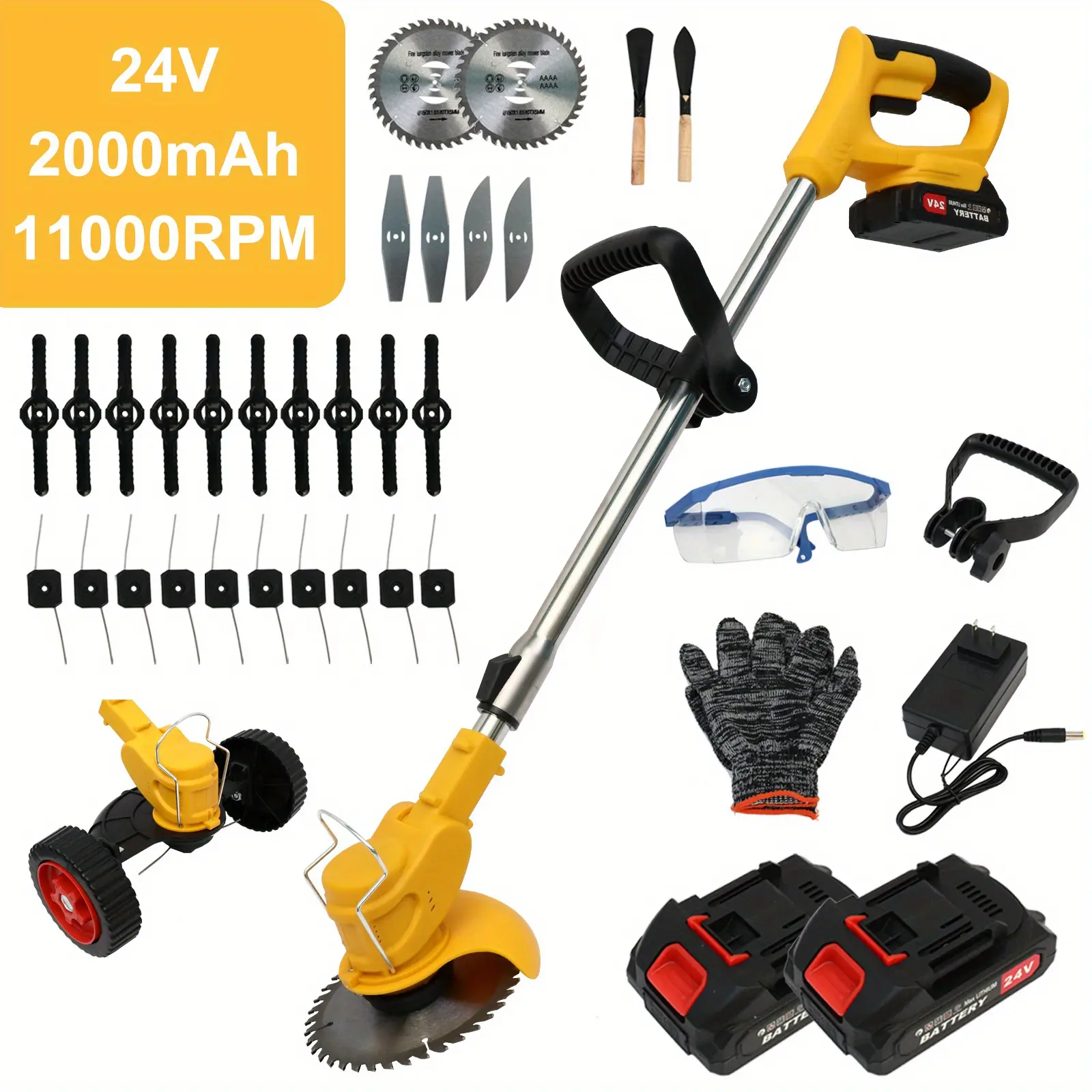 24V Model Cordless Lightweight 3-in-1 Lawn Weeding Trimmer, 11000rpm Portable Cutting Tool with Handle, 2 x 2.0Ah Batteries&Charger, Blades & Parts for Lawn, Garden Use
