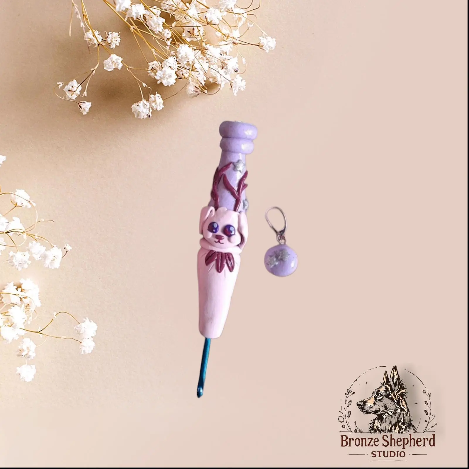Polymer clay lavender cute jackalope crochet hook / jackalope crochet hook / fall halloween crochet hook knitting accessory