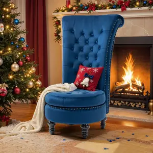 Ergonomic Velvet Accent Chair with High Back Support & Built-in Storage, Black/White/Blue