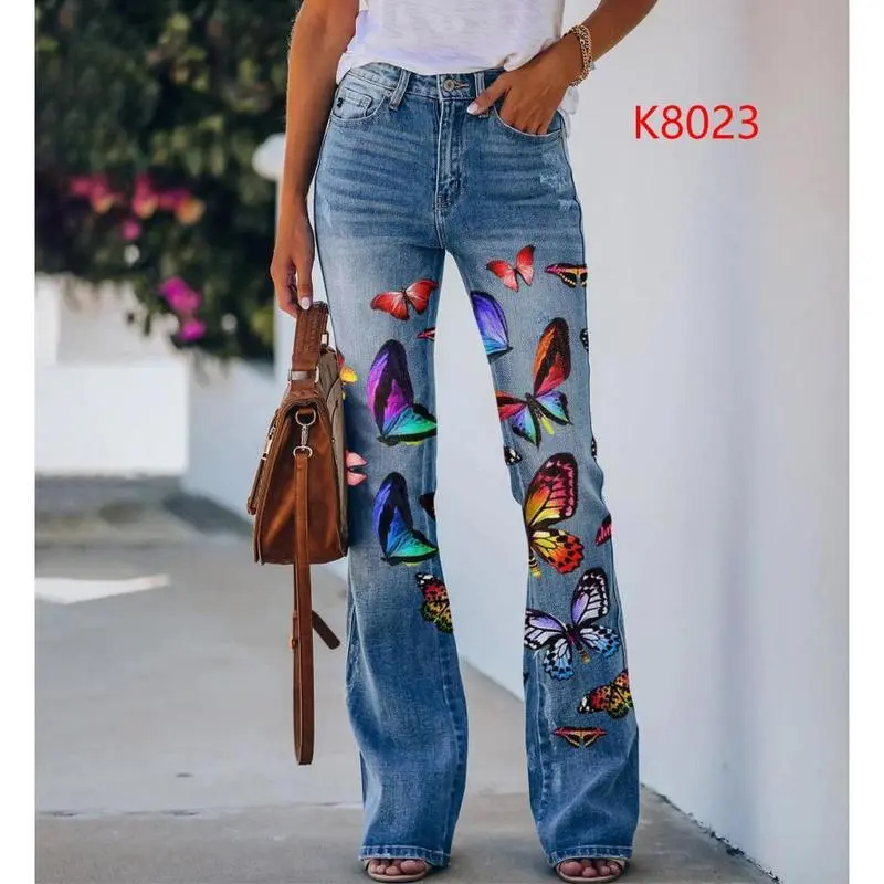 2025 New European and American Large Size Printed Imitation Denim Thin Jeans Women Fashionable Versatile Casual Comfortable 2025 New European and American Large Size Printed Imitation Denim Thin Jeans Women Fashionable Versatile Casual Comfortable