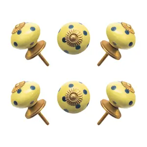 Yellow & Blue Polka Dot Ceramic Knobs with Antique Brass Accents (Set of 6) - 1.5 Inch by CDNY