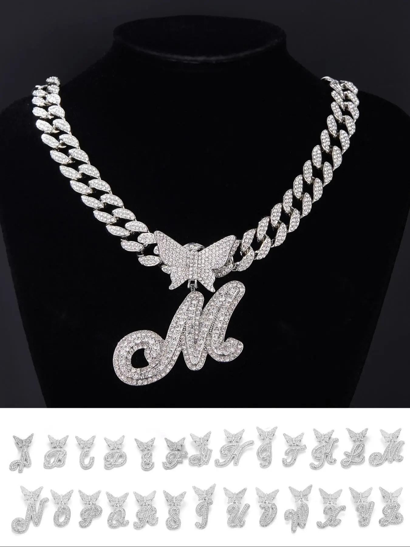 Rhinestone Butterfly & Letter Charm Pendant Necklace, Fall Punk Cuban Chunky Chain Necklace for Women Men, Streetwear Matching Chunky Jewelry for Gift
