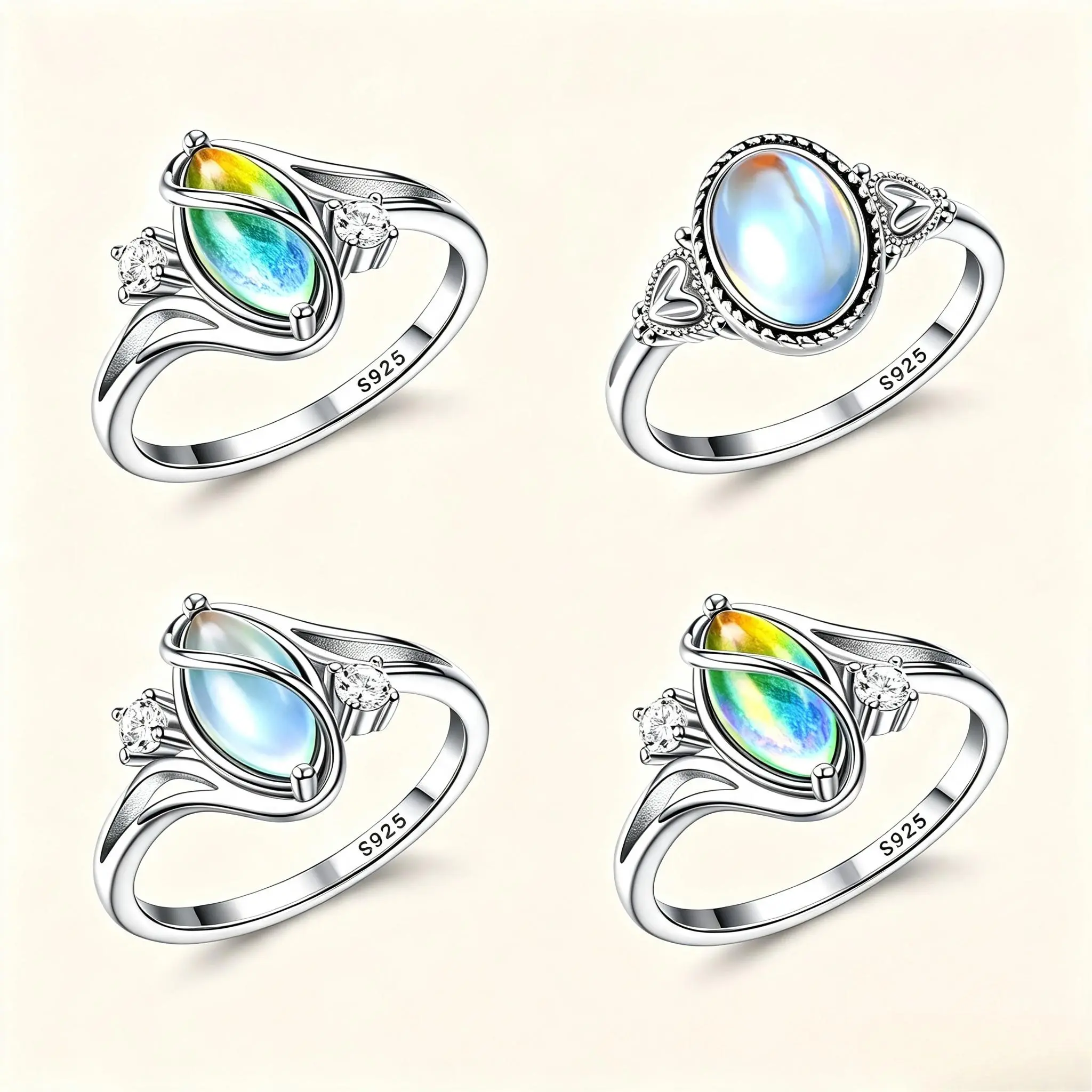 Exquisite S925 Sterling Silver Color Changing Mood Ring for Women, 18K White Gold Plated Vintage Oval Moonstone Solitaire Ring, Victorian Handmade Trendy Ladies Jewelry