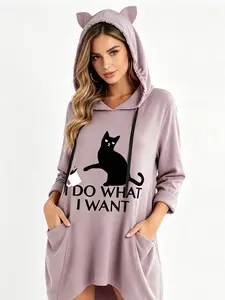 A large fashionable funny black cat print hoodie for women, spring and autumn design Cat's ears (Steamed cat-ear shaped bread) drawcord loose medium length slouchy top, suitable for all seasons, home, indoor and outdoor wear