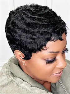 Pixie Cut Human Hair Silky Wigs Burgundy, Machine Made Short Straight Layered Wig for Women, Natural, Daily Party Cosplay Gift Use