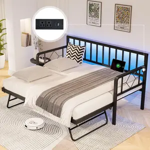 Amerlife Twin Daybed with Trundle, Charging Station, LED Lights and Steel Slats Support – Versatile Bed Frame for Living Room, Bedroom, Ideal Gift Option