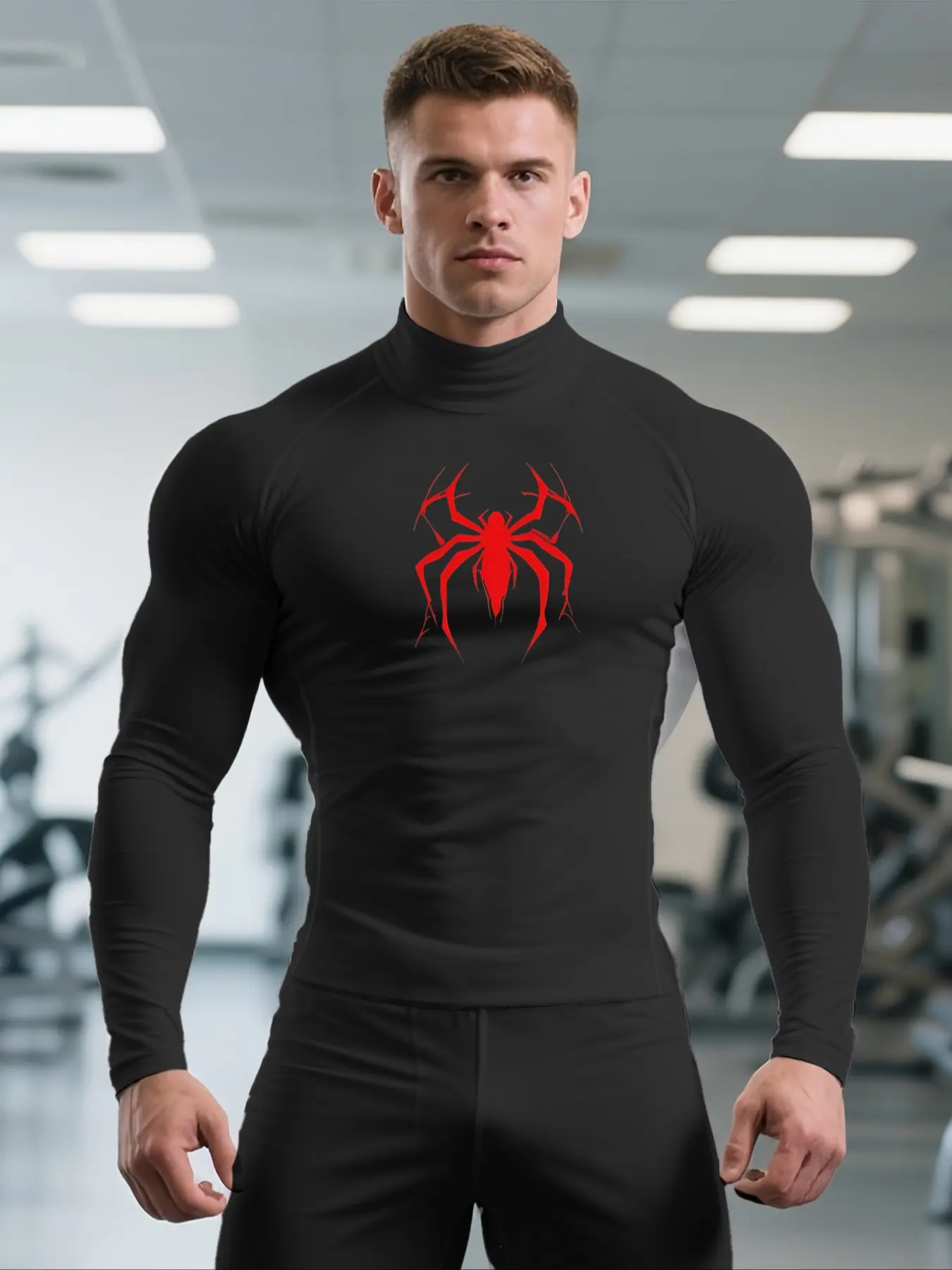 1-Pack Men's Muscle Fit Workout T-Shirt, Compression Sports Top, Bodybuilding Fitness Tee, High Neck Athletic Tee, Breathable Stretch Sports Shirt with Spider Print for Outdoor Training, Running & Active Wear, Workout Clothes, Fitness Shirts