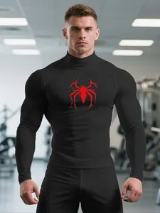 1-Pack Men’s Muscle Fit Workout T-Shirt, Bodybuilding Fitness Tee, High Neck Athletic Tee to Enhance Muscle Definition, Breathable Stretch Performance Sports Shirt with Spider Print for Outdoor Training, Running, Hiking & Active Wear, Athletic Apparel