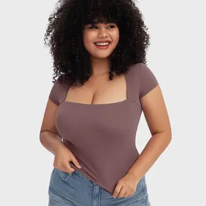 PUMIEY 【NEW】 Women's Square Neck Going Out Tops Sexy Slim Fit Short Sleeve T Shirts Basic Casual Clothing Chic Comfort Summer Womenswear Fabric Soft Minimalist Streetwear Tshirt Lady Suit