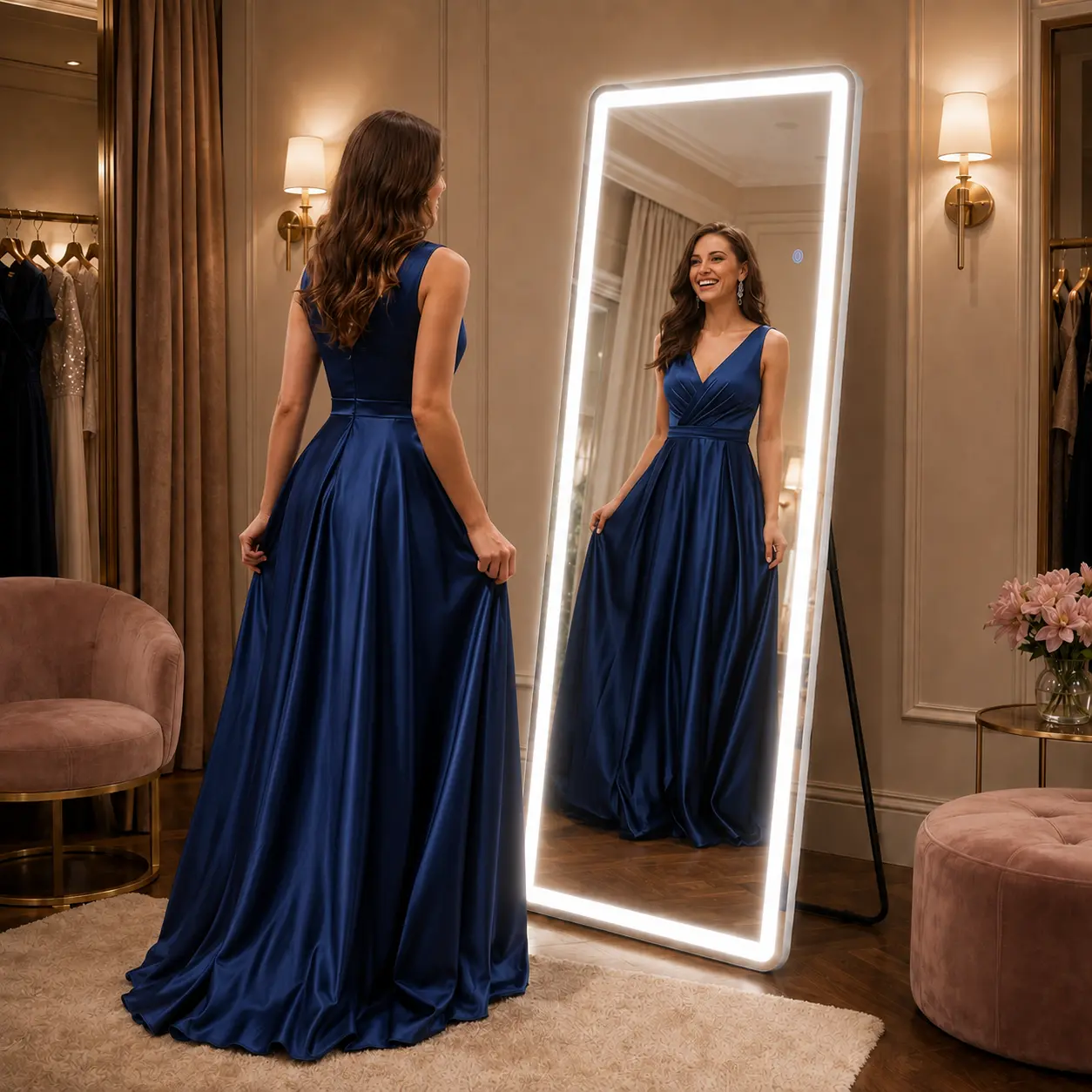 [Summer Deal] Mirror Full Length Standing Mirror with LED Lights, 3 Color Lighting, Aluminum Alloy Thin Frame Decor with Switch Durable Glass