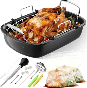 17x13 Inch Nonstick Roasting Pan with Removable Rack & Cooking Kit, Turkey Roaster for Roasting Turkey Meat & Vegetables, Silver
