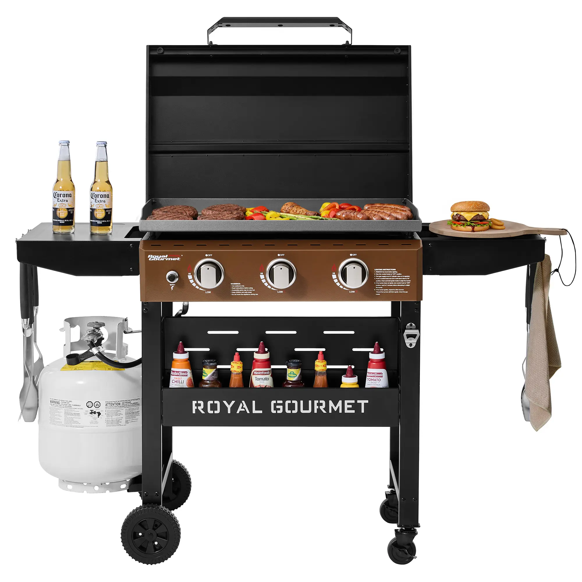 Royal Gourmet GB3000PY 28-Inch 3-Burner Gas Griddle with Hood, 39,000 BTU, 492 Sq. In. Cooking Surface, Antique Bronze Control Panel, Foldable Side Shelves, Electronic Ignition & Locking Wheels,Perfect for Outdoor Cooking			