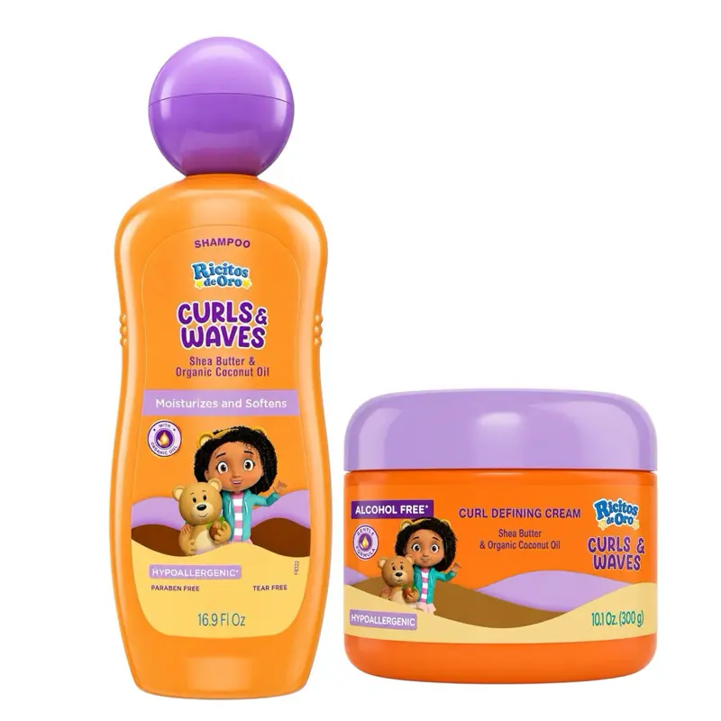 Ricitos de Oro Curls & Waves Hair Care Duo – Shampoo 16.9 Fl Oz & Curl Defining Cream 10.1 Oz, Shea Butter & Organic Coconut Oil