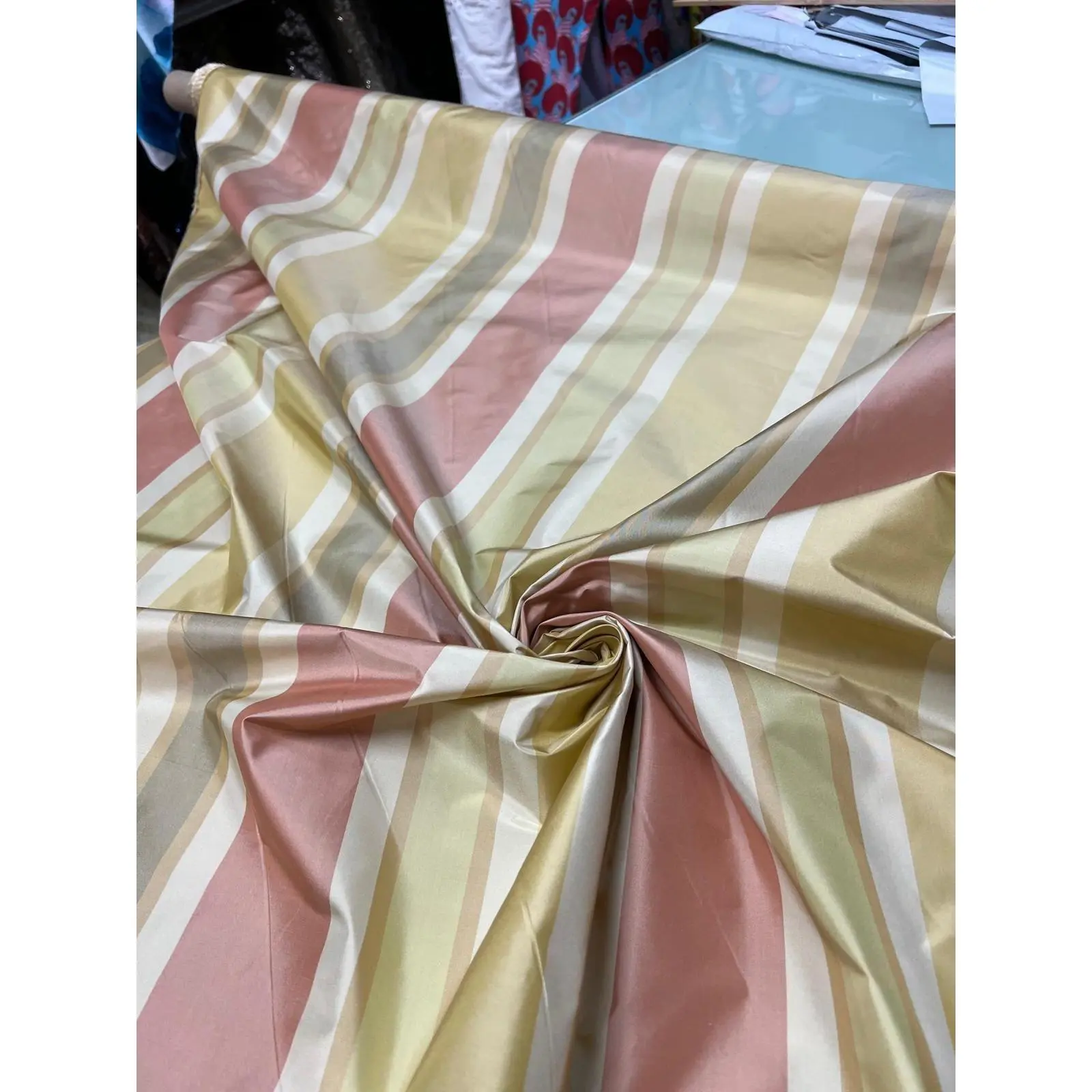 Beautiful Green Yellow Red Stripe Silk Shantung Fabric 54" Wide Sold by the Yard for Apparel & Home Decor