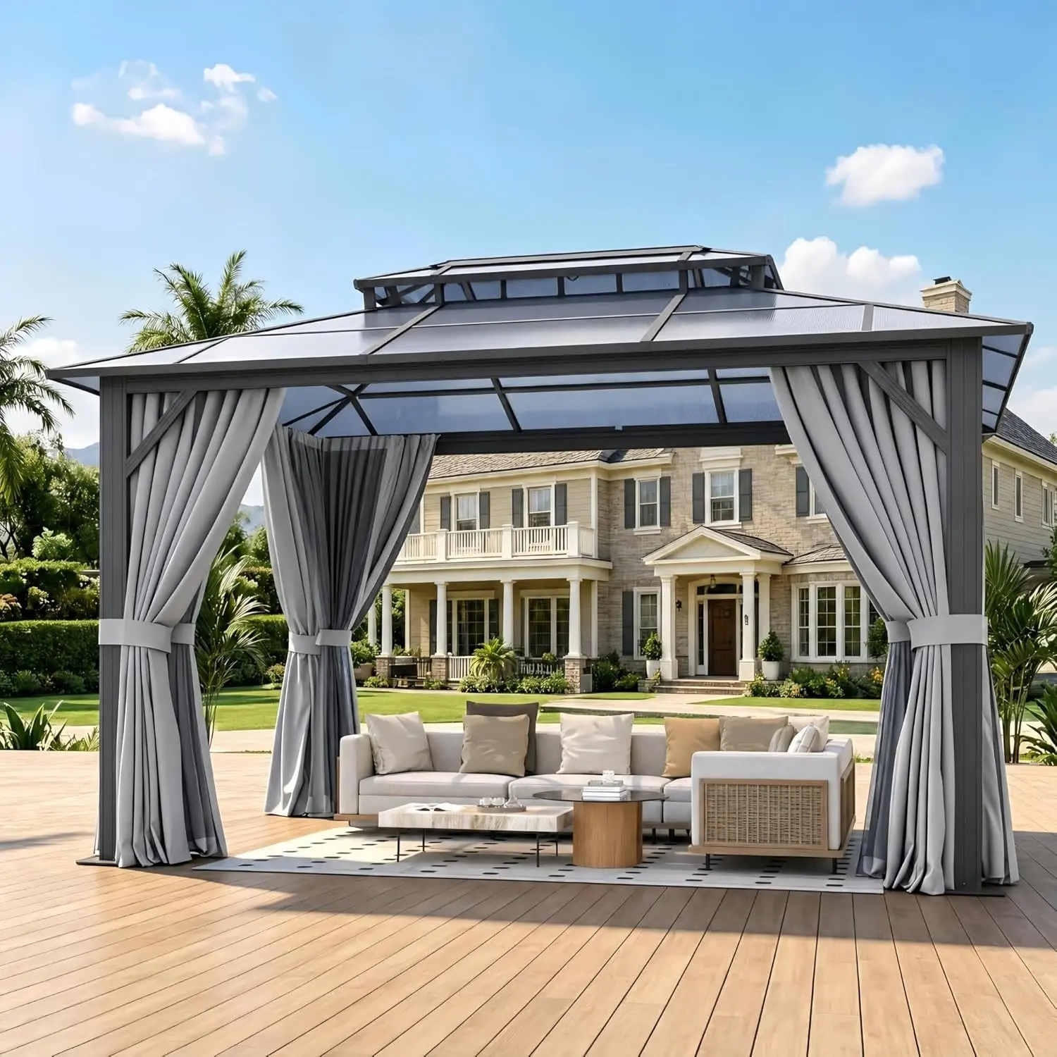 Aoxun Hardtop Gazebo Outdoor Permanent Gazebowith Double Polycarbonate Roof Canopy, Aluminum FramePermanent Pavilion with Curtains and Netting forPatio,Garden,Lawns